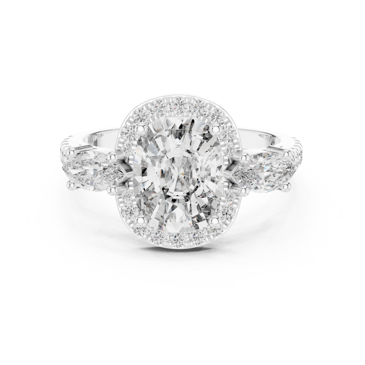 2.75Ct Romantic Cushion  Halo Ring • Marquise Trio Diamond Engagement Ring • Wedding  Gift