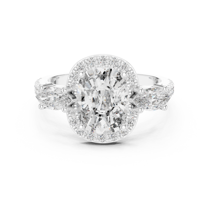 2.75Ct Romantic Cushion  Halo Ring • Marquise Trio Diamond Engagement Ring • Wedding  Gift