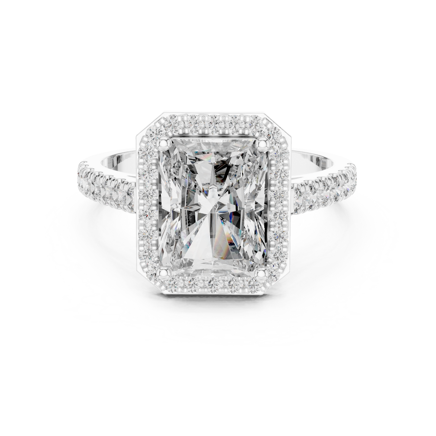 2.00CtWhite Silver Emerald Halo Engagement Ring • Luxury Wedding Band  • Radiant Cut Solitaire with Halo