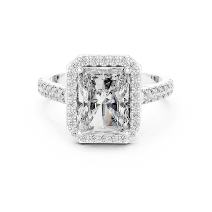 2.00CtWhite Silver Emerald Halo Engagement Ring • Luxury Wedding Band  • Radiant Cut Solitaire with Halo