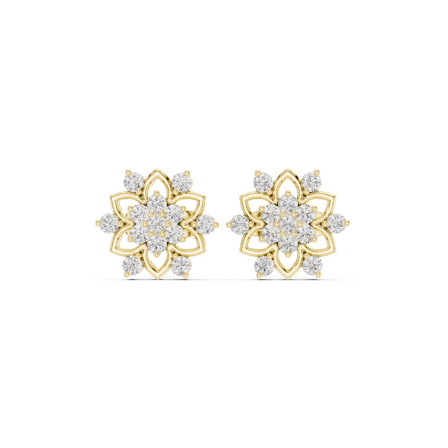 Delicate Floral Diamond Earrings In 14K Gold Lab Grown Stone Jewelry For Women Floral Lab Diamond Earrings | 14K Gold Flower Studs | Lab Grown Diamond Jewelry | Bridal Flower Earrings | Unique Gift For Her | Floral Studs 45 Degree Angled Perspective Sparkle Light Refraction View Luxury Diamond Stud Everyday Gold Stud HB Prestige Jewels