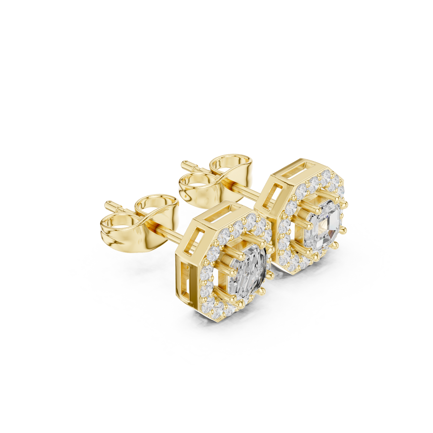 Detailed Top Down View Of 14K Gold Halo Stud Earrings Measuring 8.21mm Ideal For Bridesmaid Or Wedding Day Jewelry