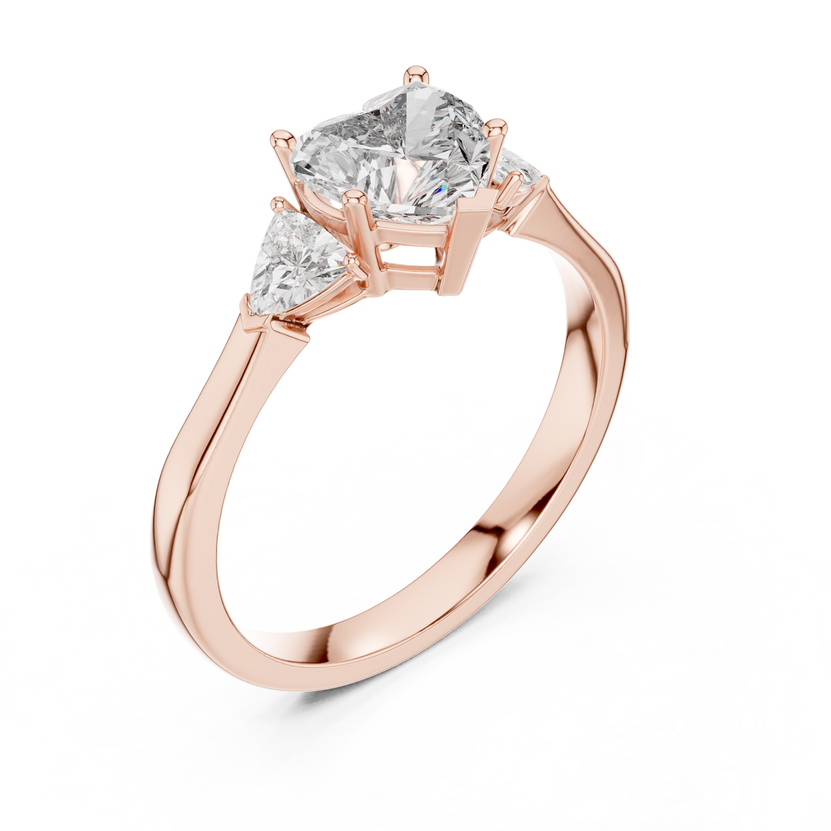 Detailed profile view of the 14K Gold Heart Diamond Ring displaying the custom collet basket setting and elegant side trillion cut accent stones in high definition studio light.

