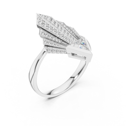 Detailed shot of the geometric diamond cluster pattern set in 14K gold showcasing the expert prong and bezel setting work. Every lab grown diamond shines with brilliant clarity creating a breathtaking pave shield ring that stands out as a luxurious promise ring or fashion statement accessory.