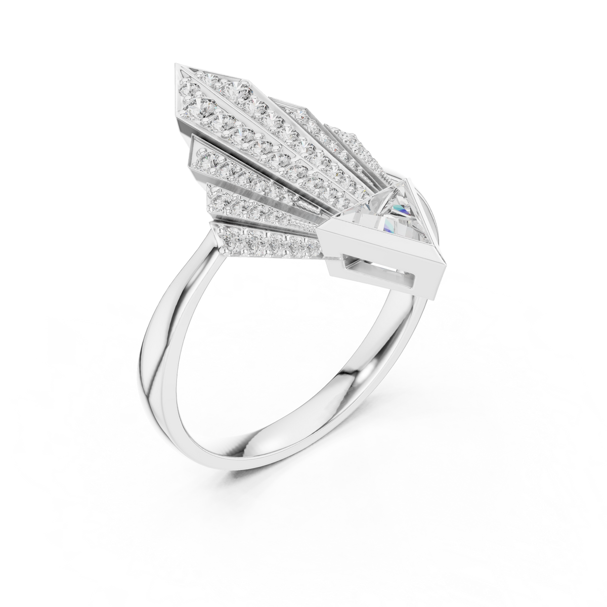 Detailed shot of the geometric diamond cluster pattern set in 14K gold showcasing the expert prong and bezel setting work. Every lab grown diamond shines with brilliant clarity creating a breathtaking pave shield ring that stands out as a luxurious promise ring or fashion statement accessory.