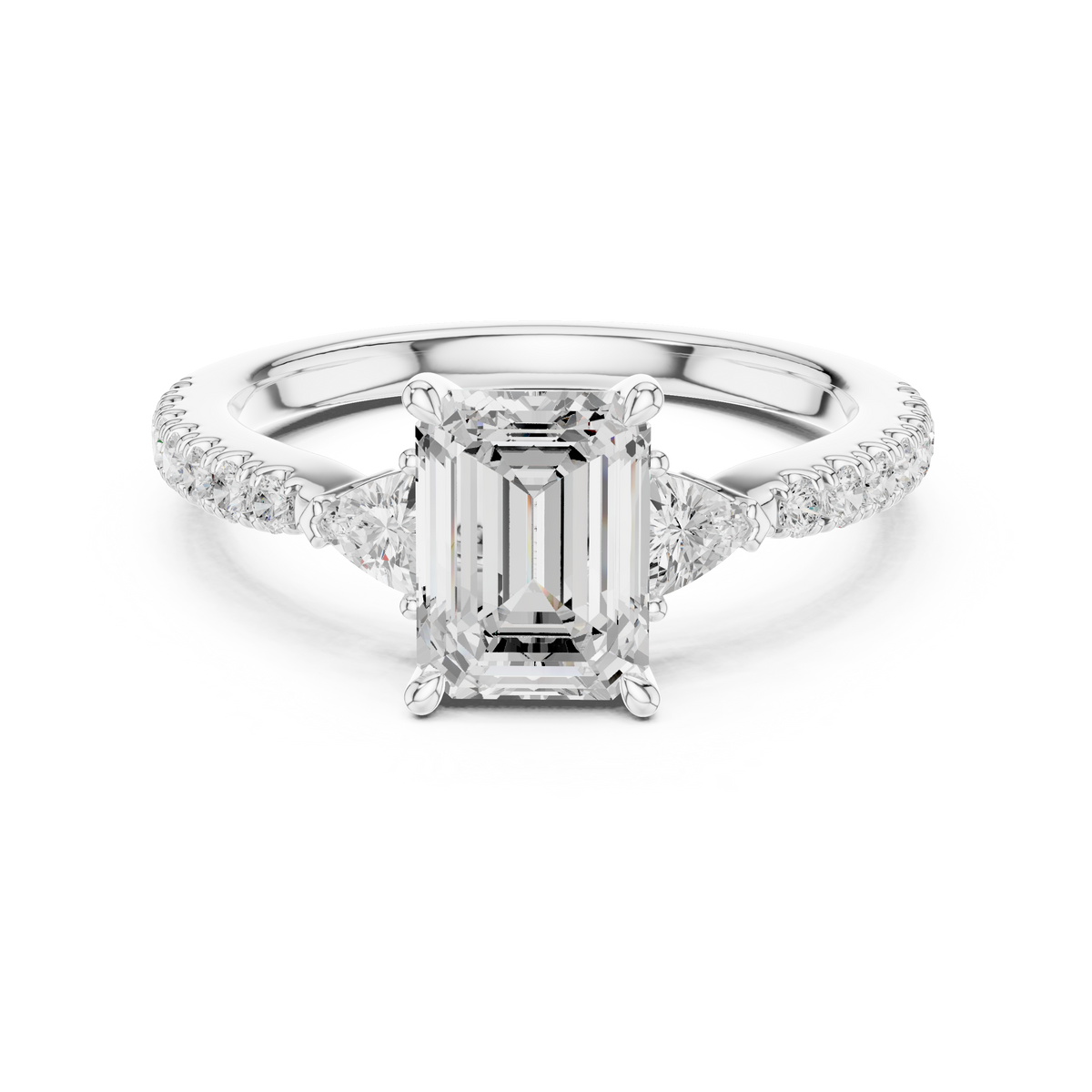 Detailed shot of the pave band setting showing the precisely set round diamonds along the gold shank of the engagement ring