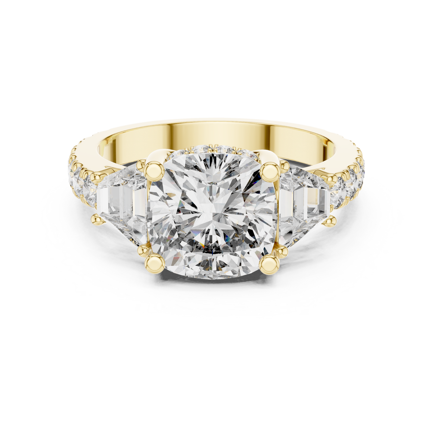 Detailed technical view of the 14K Gold split shank band showing the precise setting of the round accent stones and the high polish finish of the 14K yellow gold metal