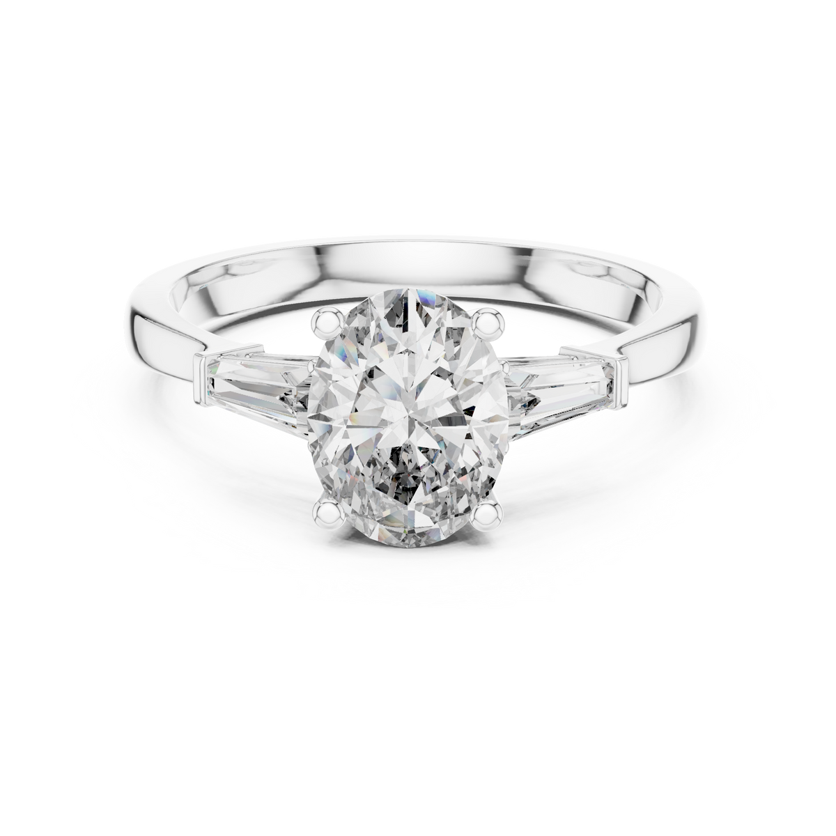 Detailed top down view showcasing the perfect symmetry of the 8.00x6.00 mm oval lab diamond flank by two 5.00x2.50 mm custom baguette side stones on a solid 10k or 14k gold band

