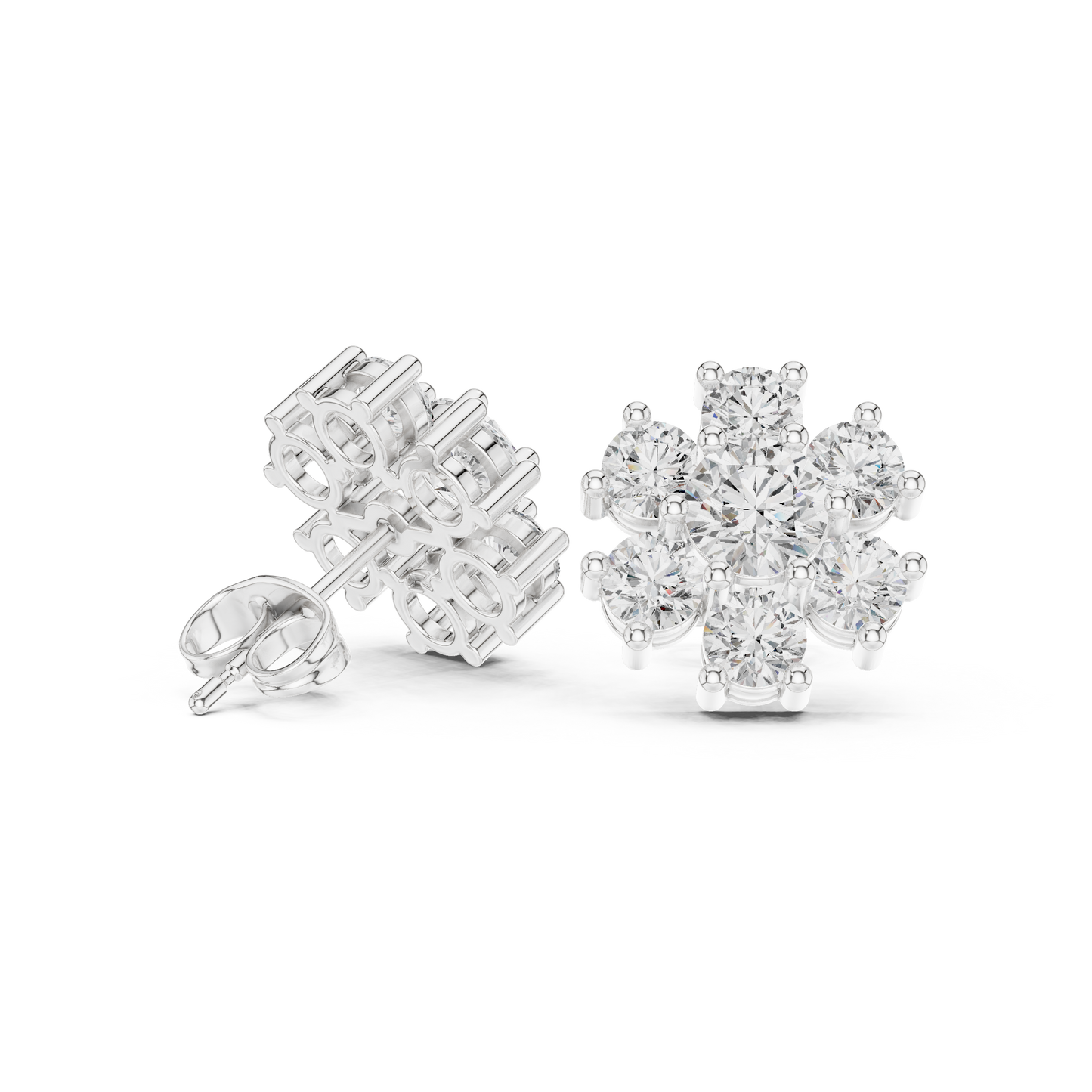 Detailed workshop view of the CAD model for the floral diamond stud earrings showing the precise collet setting structure. This image highlights the quality craftsmanship behind HB Prestige Jewels fine jewelry pieces made with 14K gold and lab diamonds.