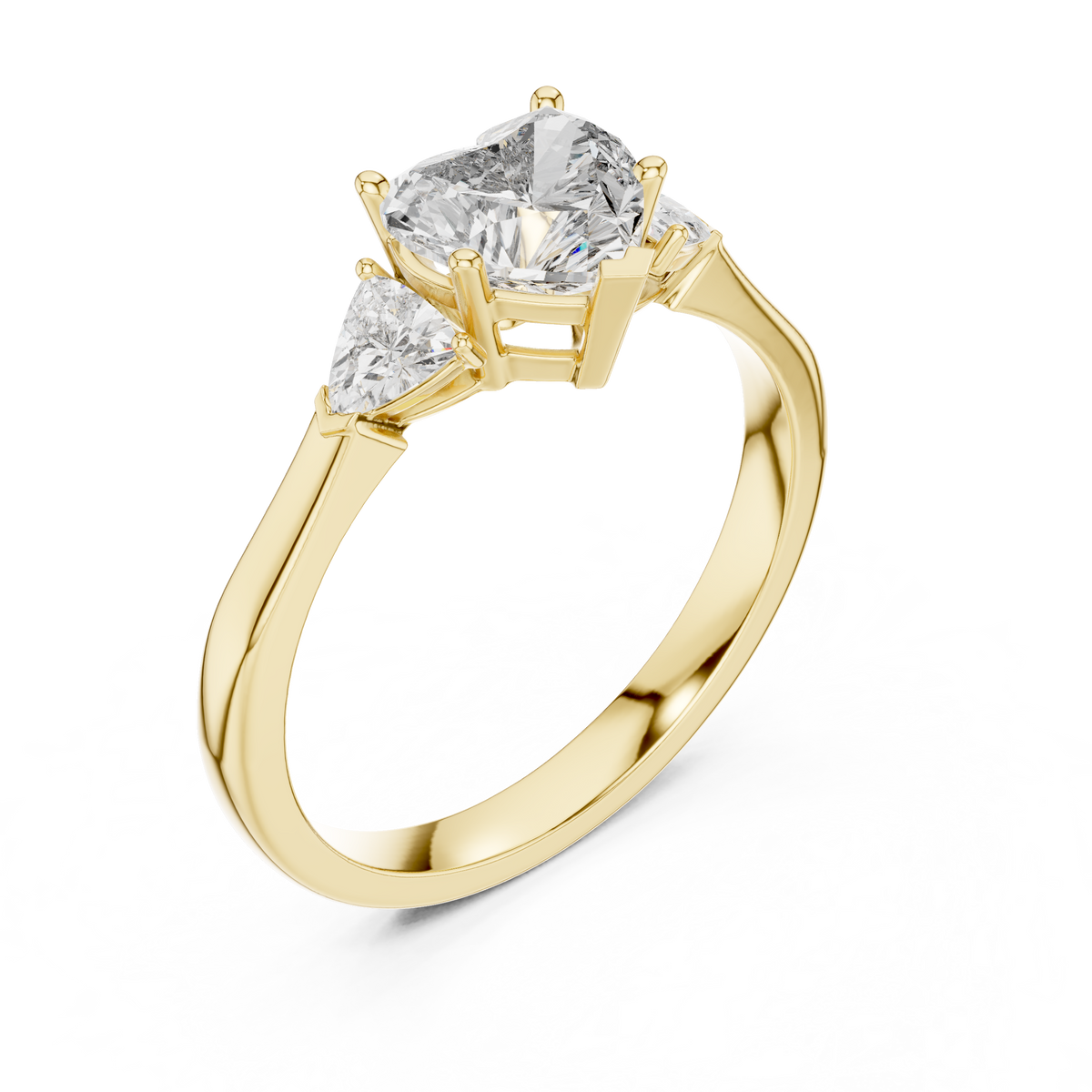Direct lighting shot showcasing color E-F VVS clarity brilliance of the heart diamond ring in 14k gold available for custom ring order.

