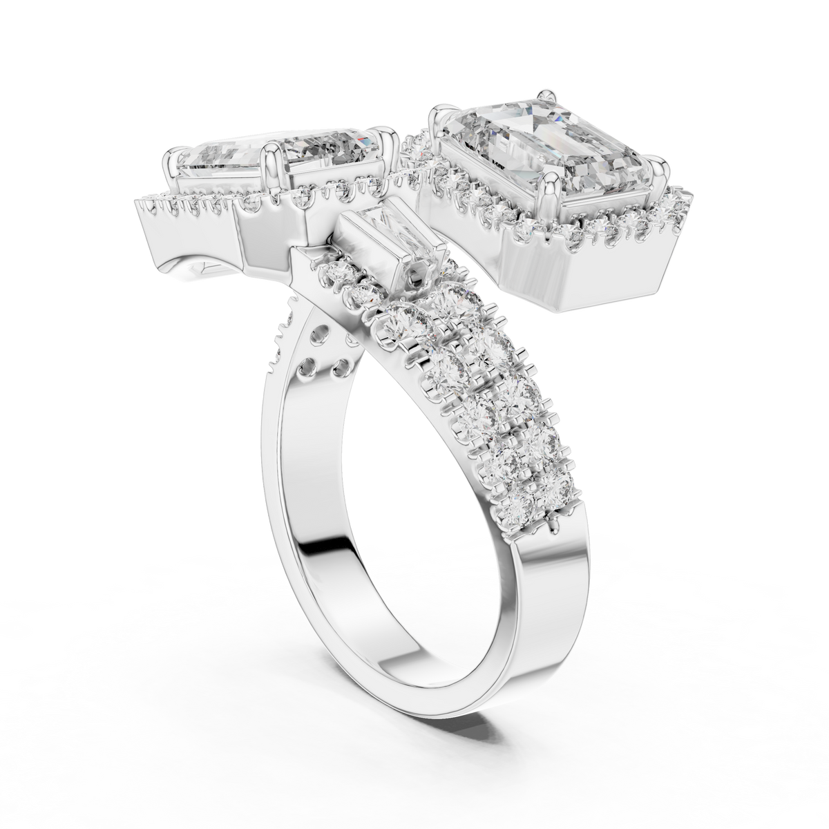 Direct lighting sparkle reflection shot highlighting the high fire, scintillation, and optical clarity of dual emerald cut lab diamonds and accent stones set in 14K white gold or yellow gold bridal setting.