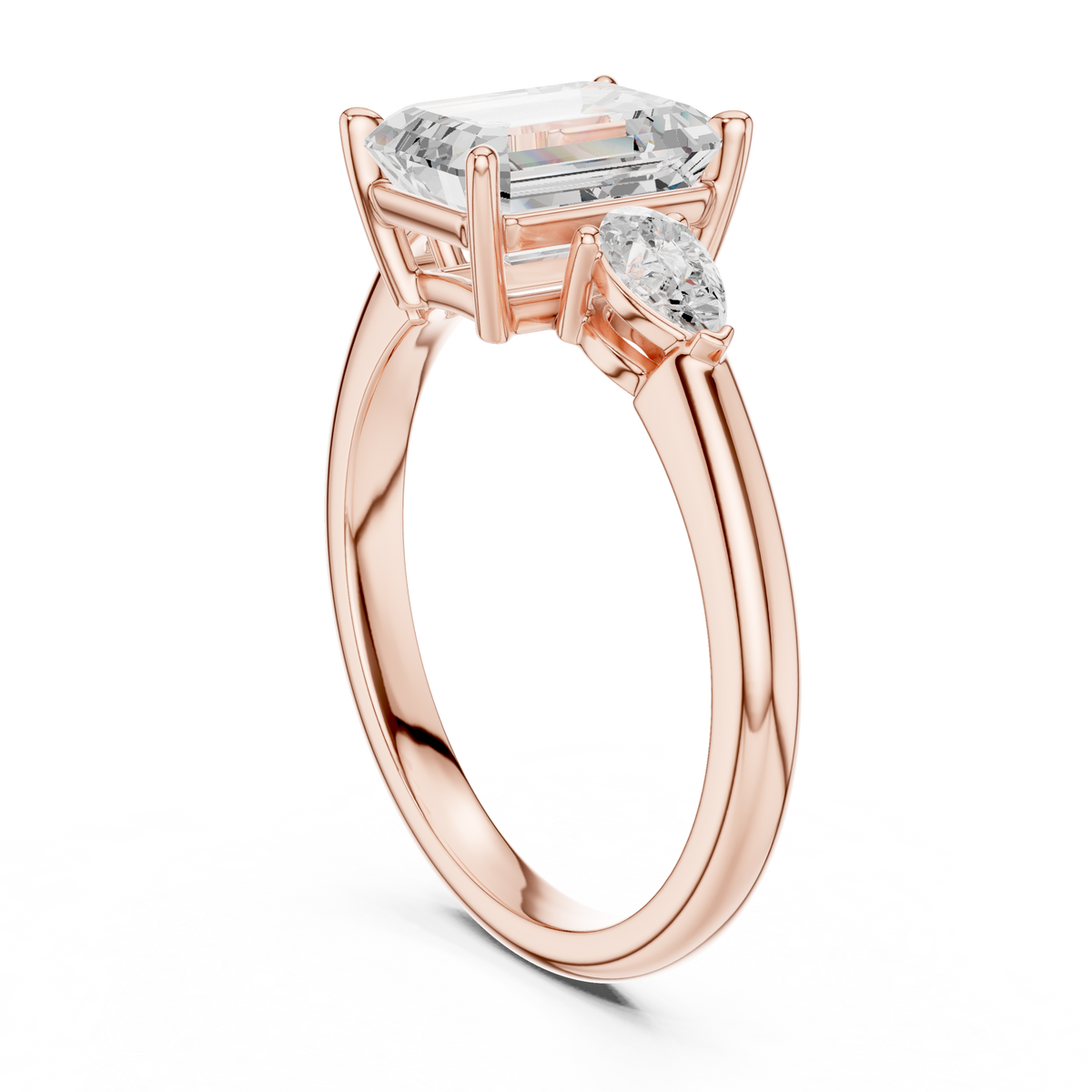 Direct side profile view highlighting the 1.70mm band thickness and 2.10mm tapered shank of a solid 14K white gold lab created emerald cut diamond engagement ring crafted for maximum comfort.