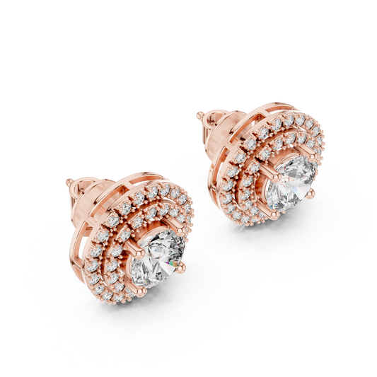 Double Halo Gold Diamond Studs Front View