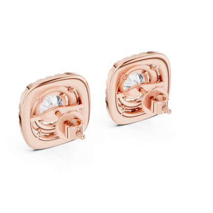 Crystal Crown Double Halo Diamond Stud Earrings - The “Infinity Crest” Cushion Halo Diamond Stud Earrings - Yellow Gold Regal Frame Double Halo Diamond Stud Earrings