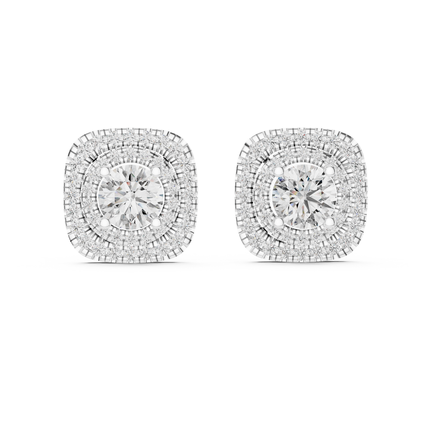 Crystal Crown Double Halo Diamond Stud Earrings - The “Infinity Crest” Cushion Halo Diamond Stud Earrings - Yellow Gold Regal Frame Double Halo Diamond Stud Earrings