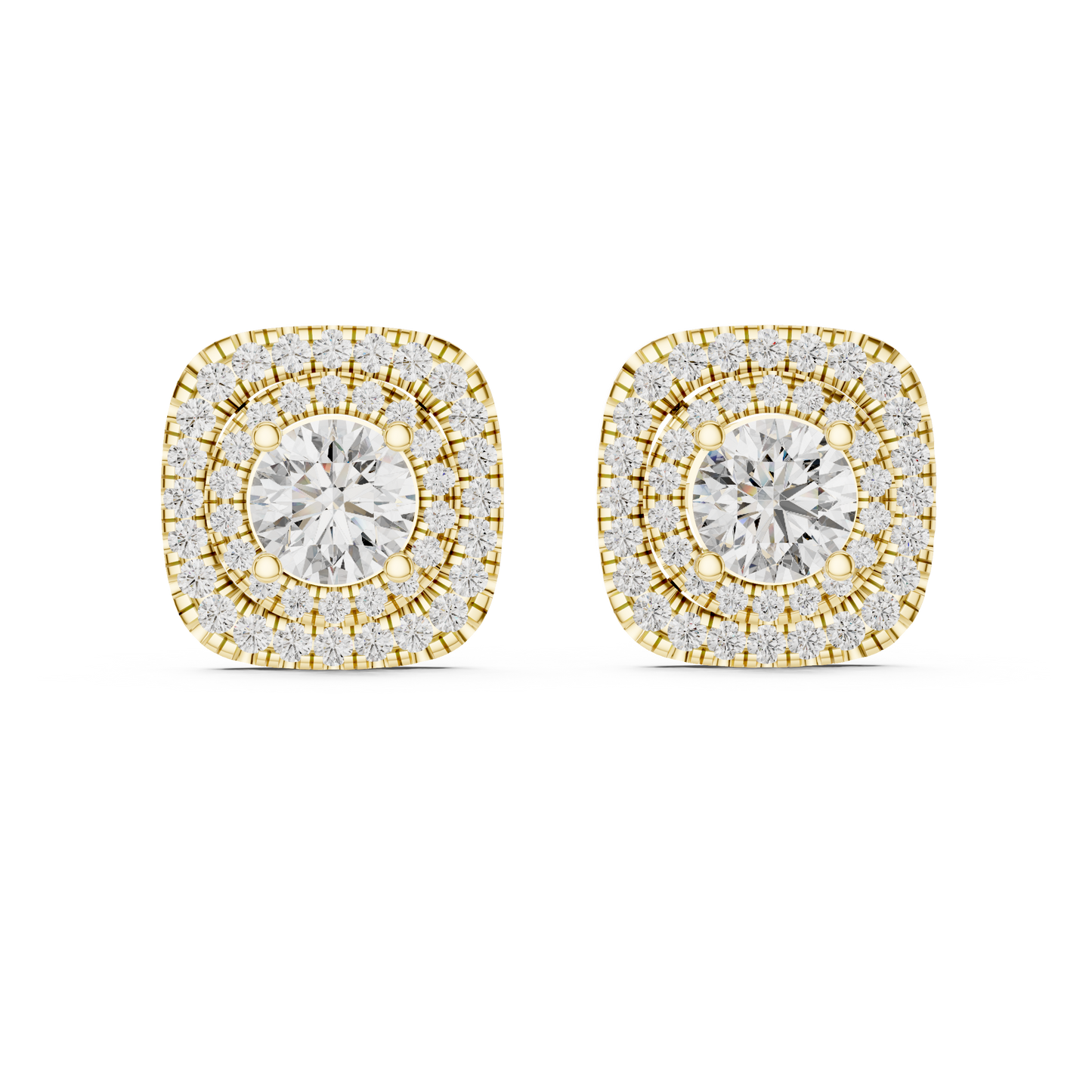 Crystal Crown Double Halo Diamond Stud Earrings - The “Infinity Crest” Cushion Halo Diamond Stud Earrings - Yellow Gold Regal Frame Double Halo Diamond Stud Earrings