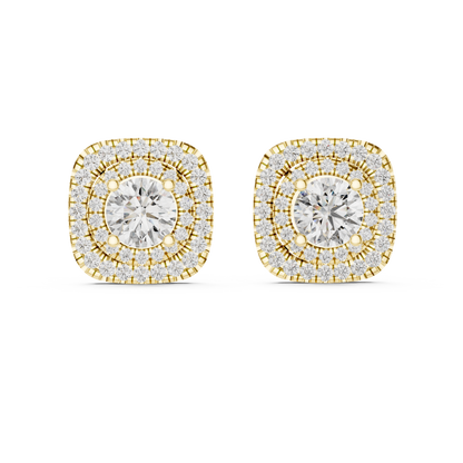 Crystal Crown Double Halo Diamond Stud Earrings - The “Infinity Crest” Cushion Halo Diamond Stud Earrings - Yellow Gold Regal Frame Double Halo Diamond Stud Earrings