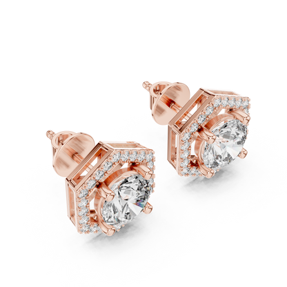 Brilliant Round Diamond Stud Earrings with Hexagon Halo – Bestseller Design - Aristocrat Hexagon Halo Diamond Stud Earrings – Luxury Standard