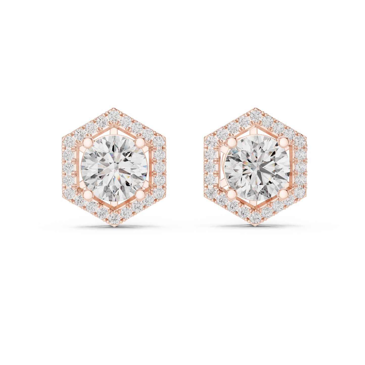 Brilliant Round Diamond Stud Earrings with Hexagon Halo – Bestseller Design - Aristocrat Hexagon Halo Diamond Stud Earrings – Luxury Standard