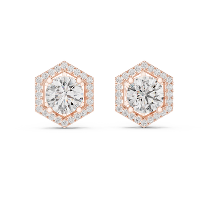 Brilliant Round Diamond Stud Earrings with Hexagon Halo – Bestseller Design - Aristocrat Hexagon Halo Diamond Stud Earrings – Luxury Standard