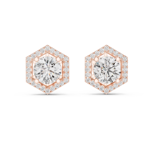 Brilliant Round Diamond Stud Earrings with Hexagon Halo – Bestseller Design - Aristocrat Hexagon Halo Diamond Stud Earrings – Luxury Standard