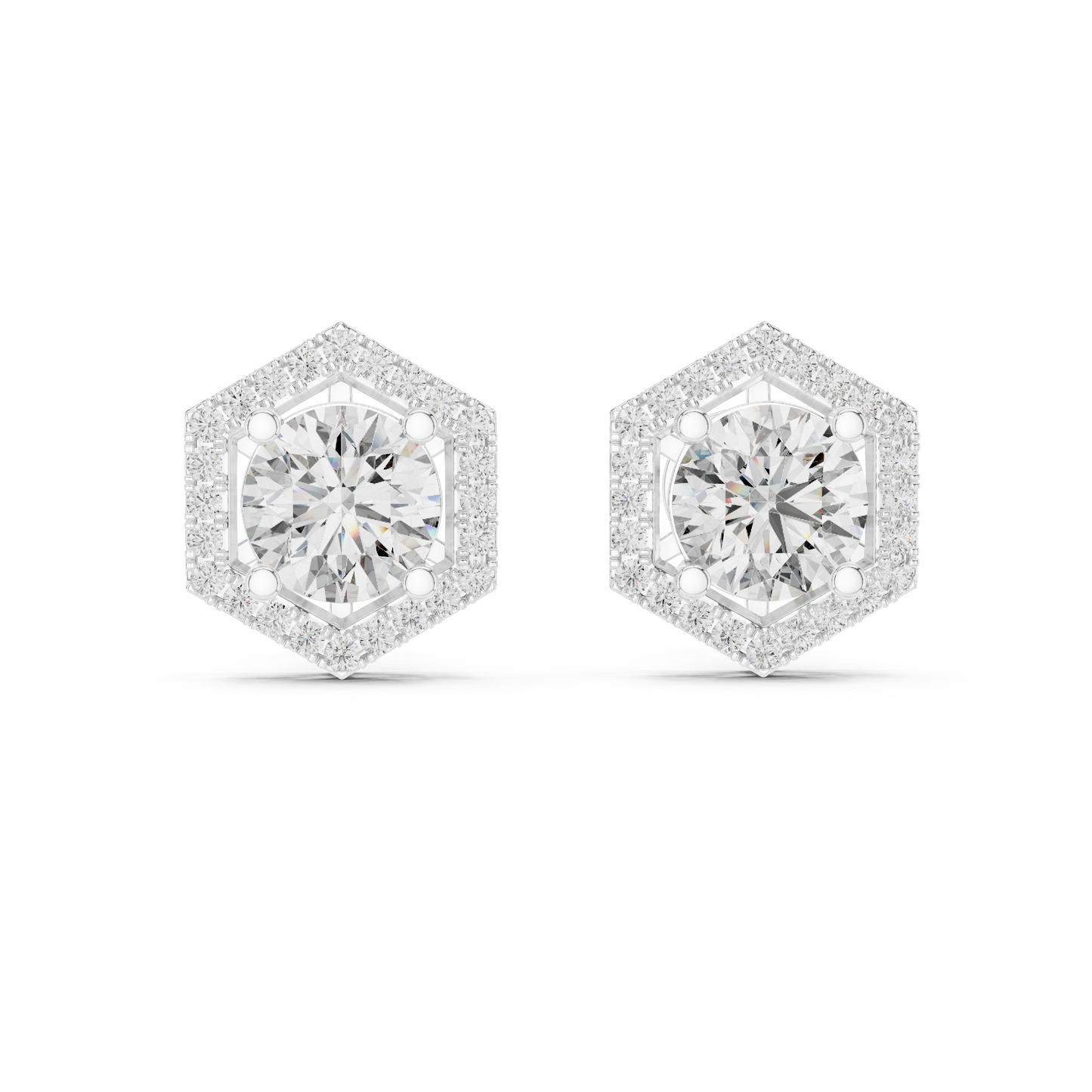 Brilliant Round Diamond Stud Earrings with Hexagon Halo – Bestseller Design - Aristocrat Hexagon Halo Diamond Stud Earrings – Luxury Standard