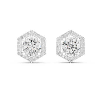 Brilliant Round Diamond Stud Earrings with Hexagon Halo – Bestseller Design - Aristocrat Hexagon Halo Diamond Stud Earrings – Luxury Standard