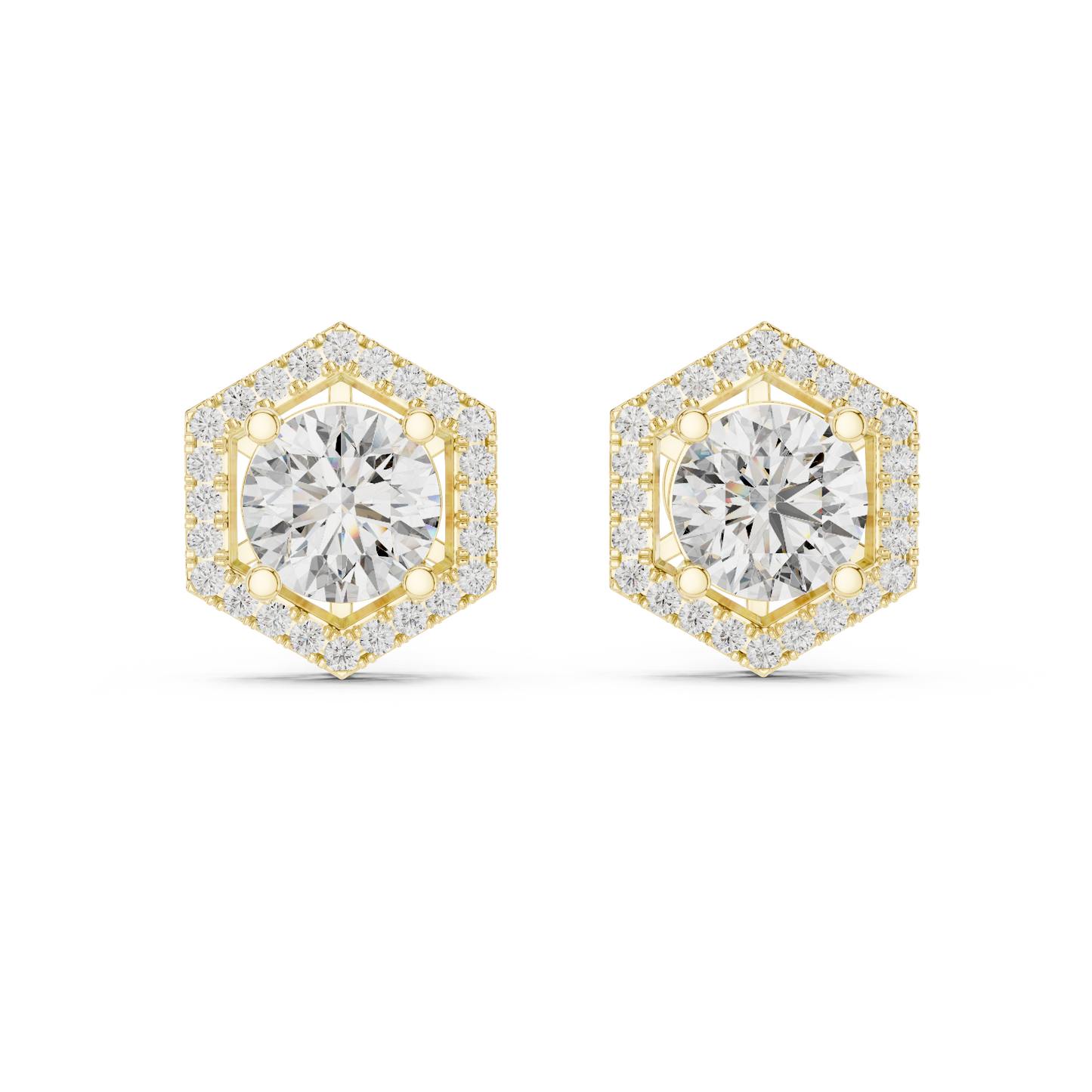 Brilliant Round Diamond Stud Earrings with Hexagon Halo – Bestseller Design - Aristocrat Hexagon Halo Diamond Stud Earrings – Luxury Standard