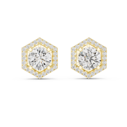 Brilliant Round Diamond Stud Earrings with Hexagon Halo – Bestseller Design - Aristocrat Hexagon Halo Diamond Stud Earrings – Luxury Standard