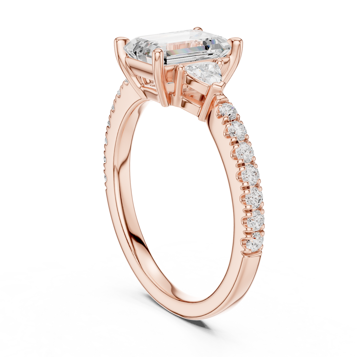 Elegant model hand wearing the 14K gold three stone lab diamond ring perfect for wedding proposals or luxury anniversaries