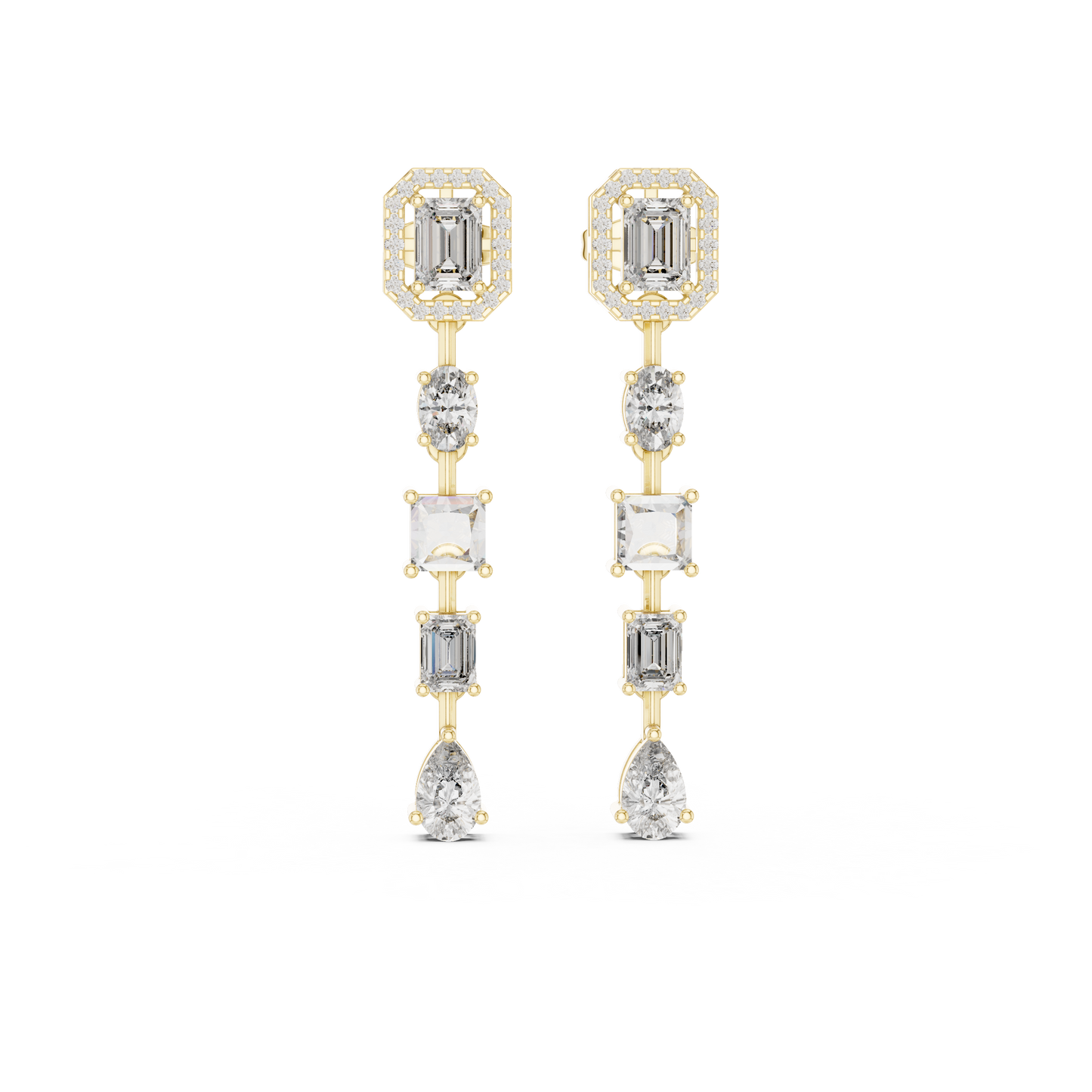 Emerald Cut Diamond Long Drop Earrings – Luxury Geometric Bridal Dangle Earrings in 14K Gold