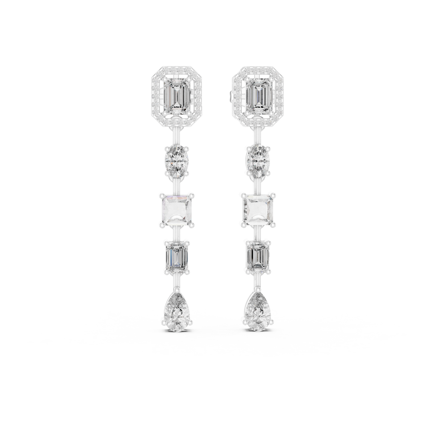 Emerald cut halo drop earrings multi shape cascade - front view
