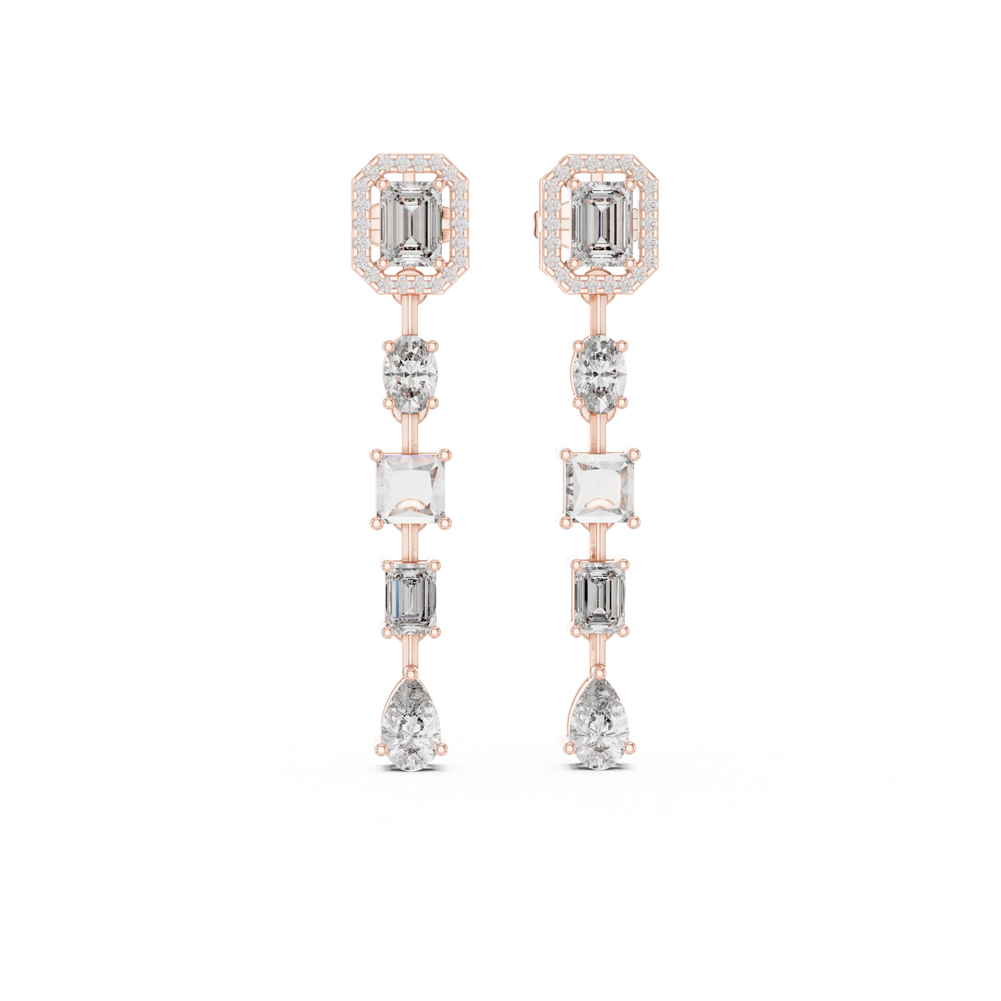 Emerald cut halo drop earrings multi shape cascade gold - front view