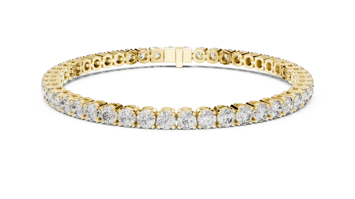 Etsy Listing Photo 9 - 14K Gold Lab Diamond Tennis Bracelet - 18K Solid Gold Collet Bracelet - Round Cut Diamond Bracelet - Gift for Her. Scale & Proportions View: Overhead precision camera perspective displaying millimeter measurements, stone carat dimensions, and band thickness. Handcrafted Collet Setting / Round Bezel Setting with Flexible Articulated Link Chain and Moissanite Lab Diamond. High-search keywords: 14K Gold Bracelet, Lab Diamond Bracelet, Tennis Bracelet, Gold Tennis Bracelet, 10K Gold Jewel