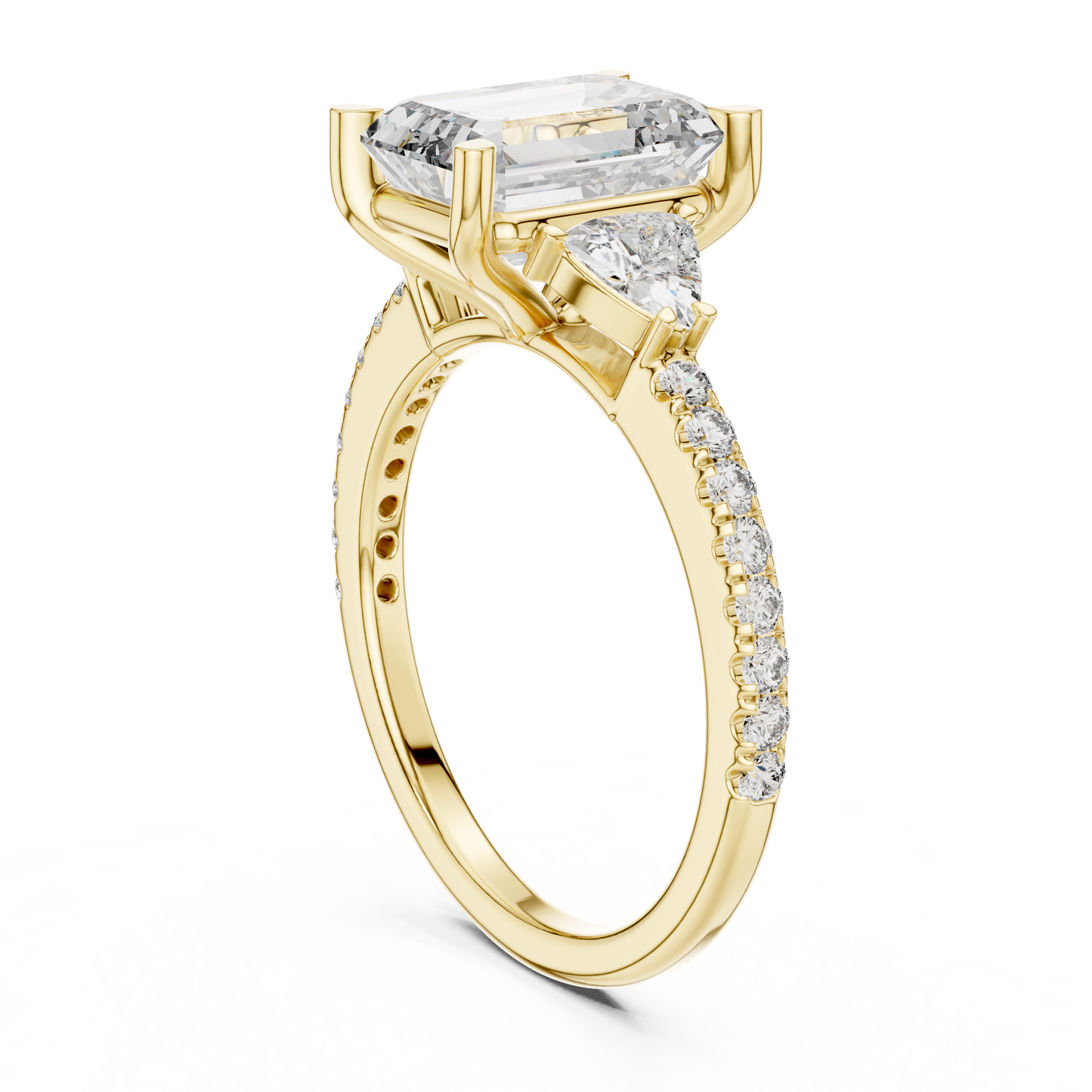 Expertly Made 14K Gold Emerald Cut Ring With Trillion Side Stones For Luxurious Bridal Jewelry Collection Online