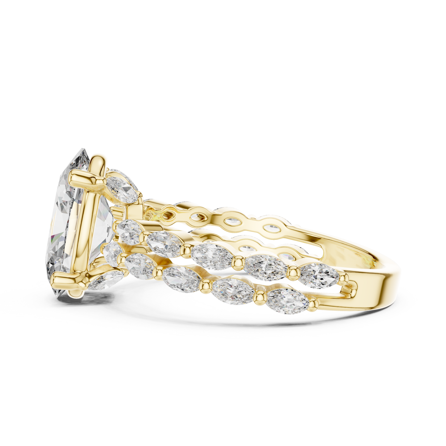 Exquisite 14K Gold Oval Lab Grown Diamond Ring Sparkling Clear Center Stone With Marquise Side Detail

