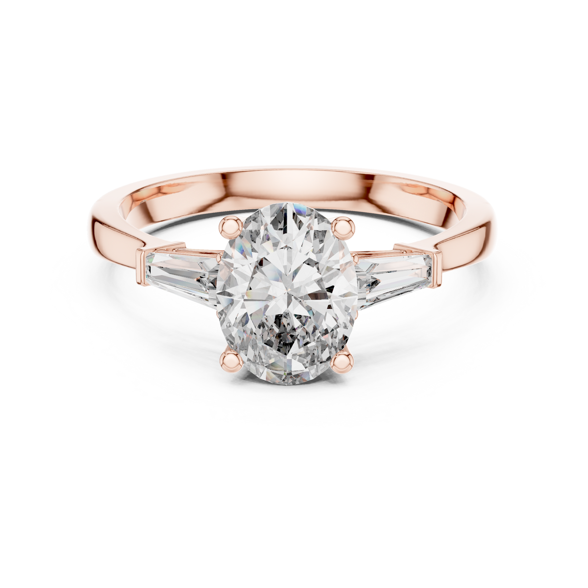 Front angle view showing a magnificent 1.08 carat oval lab grown diamond center stone with custom baguette side accent diamonds set in a handcrafted solid 14k gold three stone setting by HB Prestige Jewels for bridal engagement

