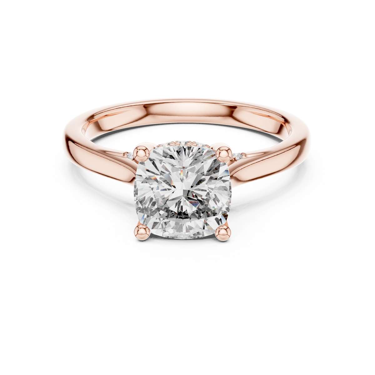 Front main studio shot of 14K gold lab diamond ring featuring a brilliant cushion cut center stone with delicate four prong setting for bridal engagement ring buyers searching high quality solid gold jewelry on Etsy.

