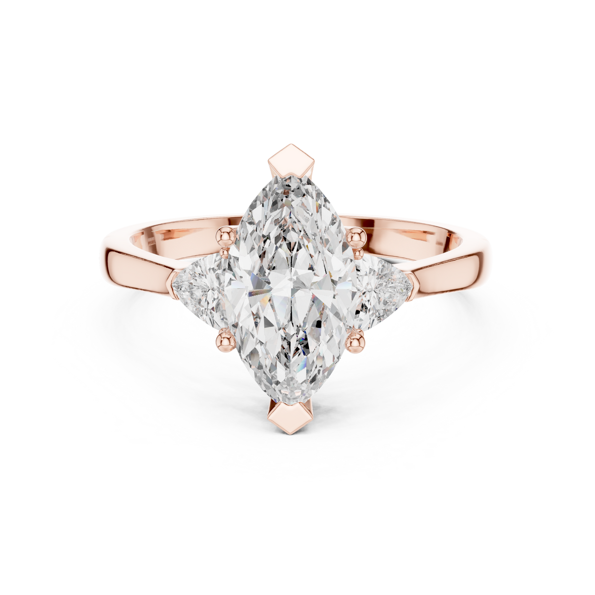 Front studio view of a 14K Gold Lab Diamond Ring featuring a 1.00 Carat Marquise Cut center stone complemented by two sparkling Trillion Cut side diamonds set in a classic collet setting for a timeless bridal look.

