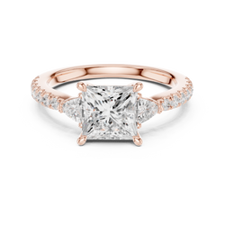 Front studio view showing a 14K Gold Lab Grown Diamond Princess Cut Three Stone Engagement Ring featuring a 1.50 carat princess cut center diamond flanked by two sparkling trillion side diamonds and a diamond micro pave shank band handcrafted by HB Prestige Jewels for bridal jewelry lovers.