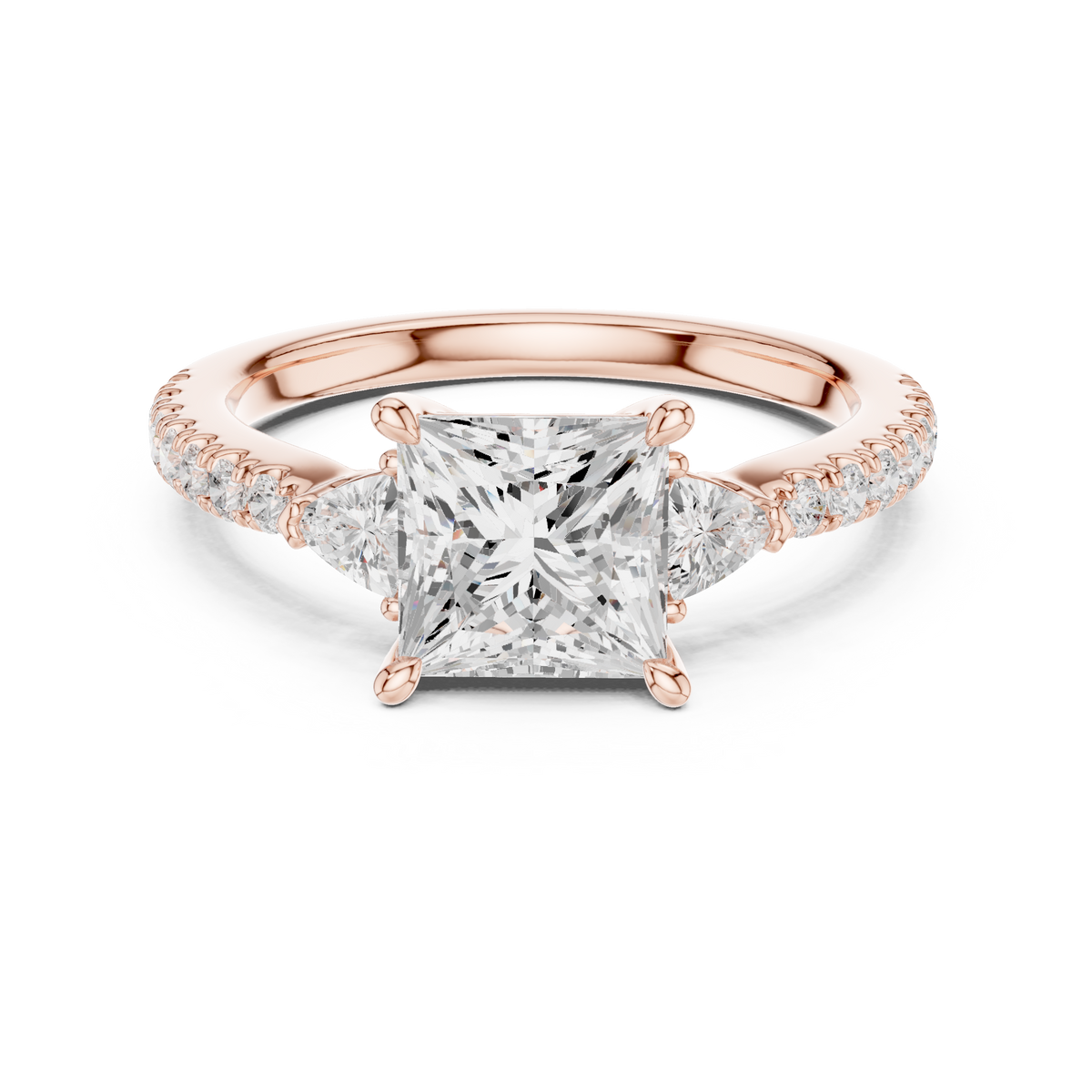 Front studio view showing a 14K Gold Lab Grown Diamond Princess Cut Three Stone Engagement Ring featuring a 1.50 carat princess cut center diamond flanked by two sparkling trillion side diamonds and a diamond micro pave shank band handcrafted by HB Prestige Jewels for bridal jewelry lovers.