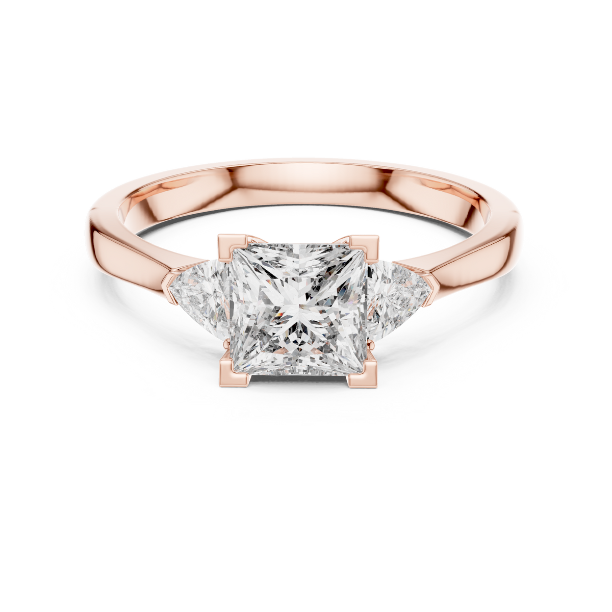 Front view of the Bridal Engagement Princess Cut Lab Grown Diamond Ring in rose gold, highlighting the 1.00 carat central princess diamond securely set between two sparkling trillion side stones, making it an ideal princess cut engagement ring.