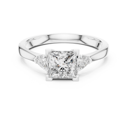 Frontal view of the Bridal Engagement Princess Cut Lab Grown Diamond Ring rendered in white gold, capturing the high-clarity white reflection of the center diamond and trillion side accents on a sleek solid gold wedding ring band.
