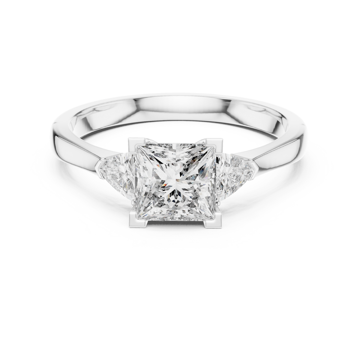 Frontal view of the Bridal Engagement Princess Cut Lab Grown Diamond Ring rendered in white gold, capturing the high-clarity white reflection of the center diamond and trillion side accents on a sleek solid gold wedding ring band.