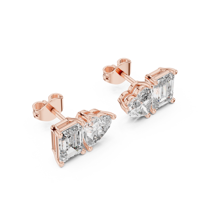 Exclusive Two-Stone Diamond Earrings | Heart & Emerald Cut Design - Couture Heart & Emerald Diamond Stud Earrings | Luxury Bridal Jewelry