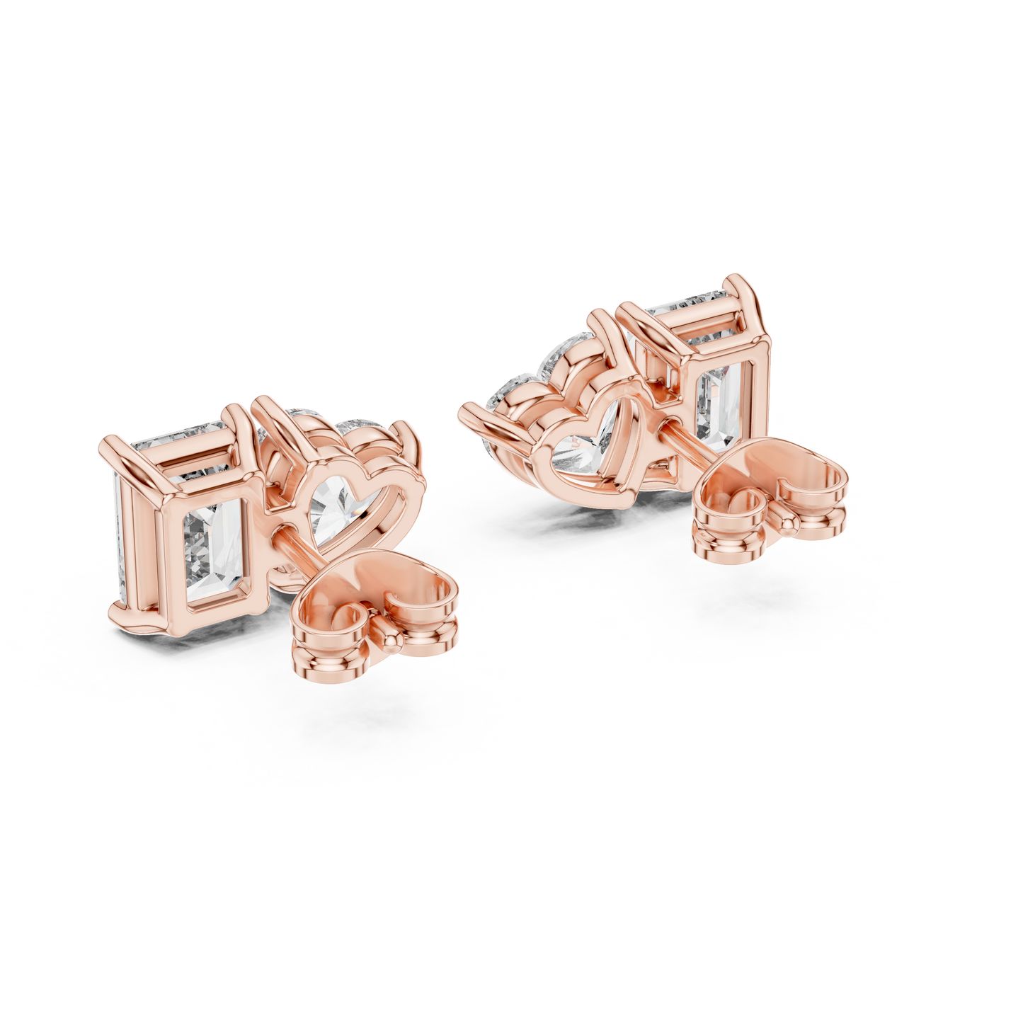 Exclusive Two-Stone Diamond Earrings | Heart & Emerald Cut Design - Couture Heart & Emerald Diamond Stud Earrings | Luxury Bridal Jewelry