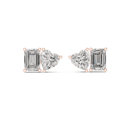 Exclusive Two-Stone Diamond Earrings | Heart & Emerald Cut Design - Couture Heart & Emerald Diamond Stud Earrings | Luxury Bridal Jewelry