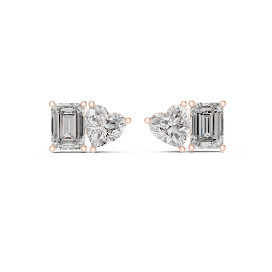 Exclusive Two-Stone Diamond Earrings | Heart & Emerald Cut Design - Couture Heart & Emerald Diamond Stud Earrings | Luxury Bridal Jewelry