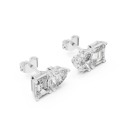 Exclusive Two-Stone Diamond Earrings | Heart & Emerald Cut Design - Couture Heart & Emerald Diamond Stud Earrings | Luxury Bridal Jewelry
