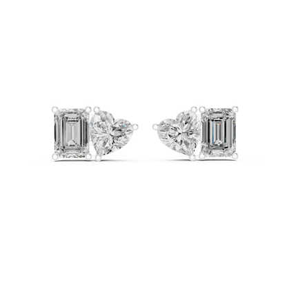 Exclusive Two-Stone Diamond Earrings | Heart & Emerald Cut Design - Couture Heart & Emerald Diamond Stud Earrings | Luxury Bridal Jewelry